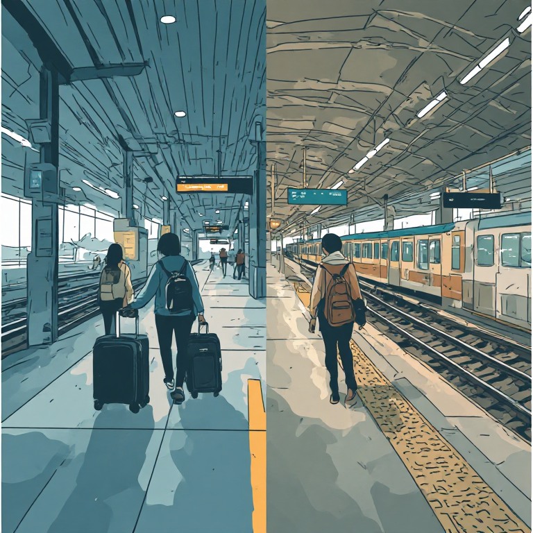 Dua ilustrasi memperlihatkan akses berjalan di bandara dan dari stasiun menuju titik kendaraan lanjutan.