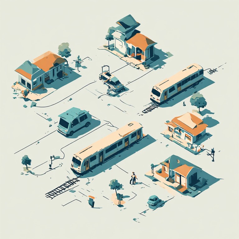 Ilustrasi rangkaian perjalanan dari rumah melalui terminal dan kendaraan lanjutan hingga pintu penginapan.