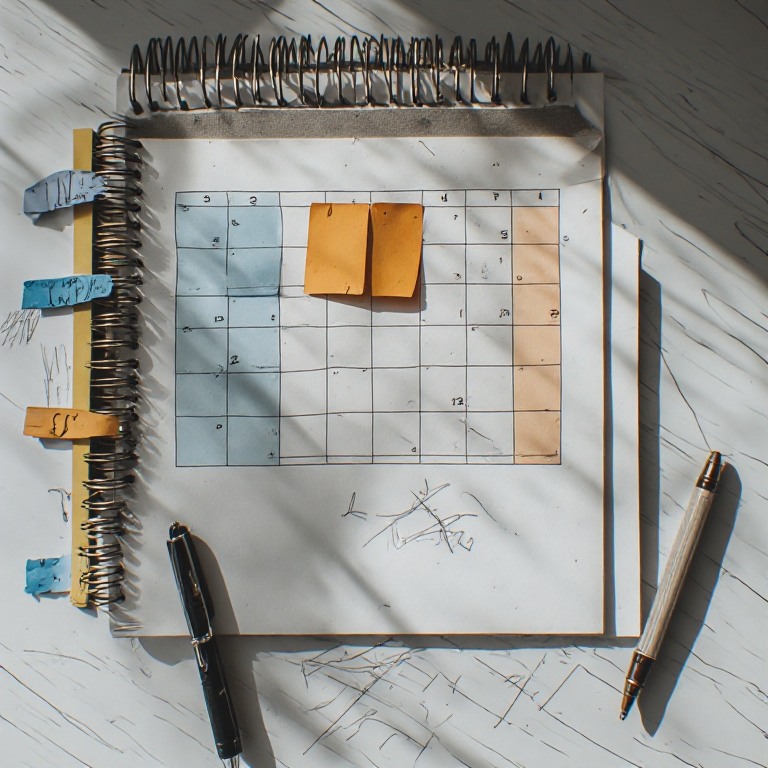 Kalender meja dengan dua penanda berbeda untuk membandingkan waktu kepastian perjalanan dan batas pembatalan.